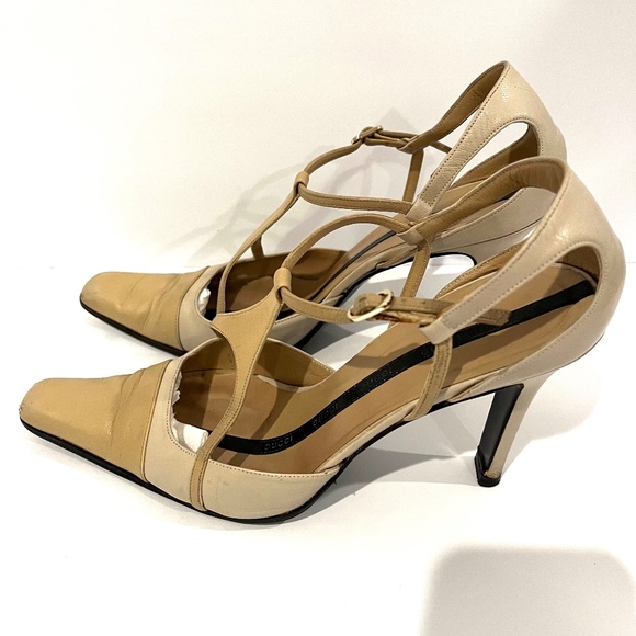 GUCCI Vintage Tan and Cream Leather T-strap High Heel - Size 38 1/2 - Picture 1 of 9
